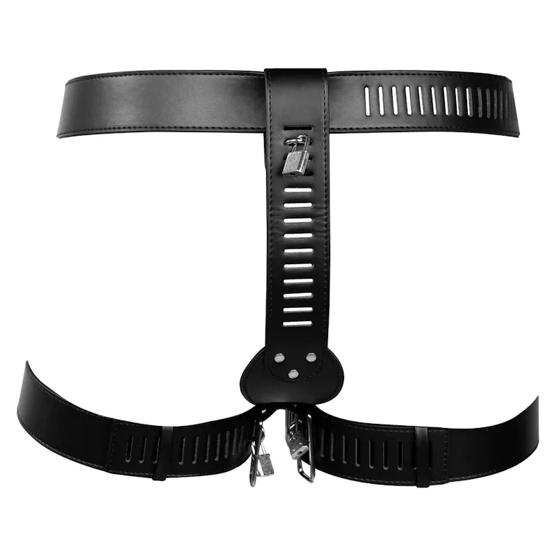 Ouch - PU Leather Female Chastity Belt with Leg Restraint - Black - PlayBlue