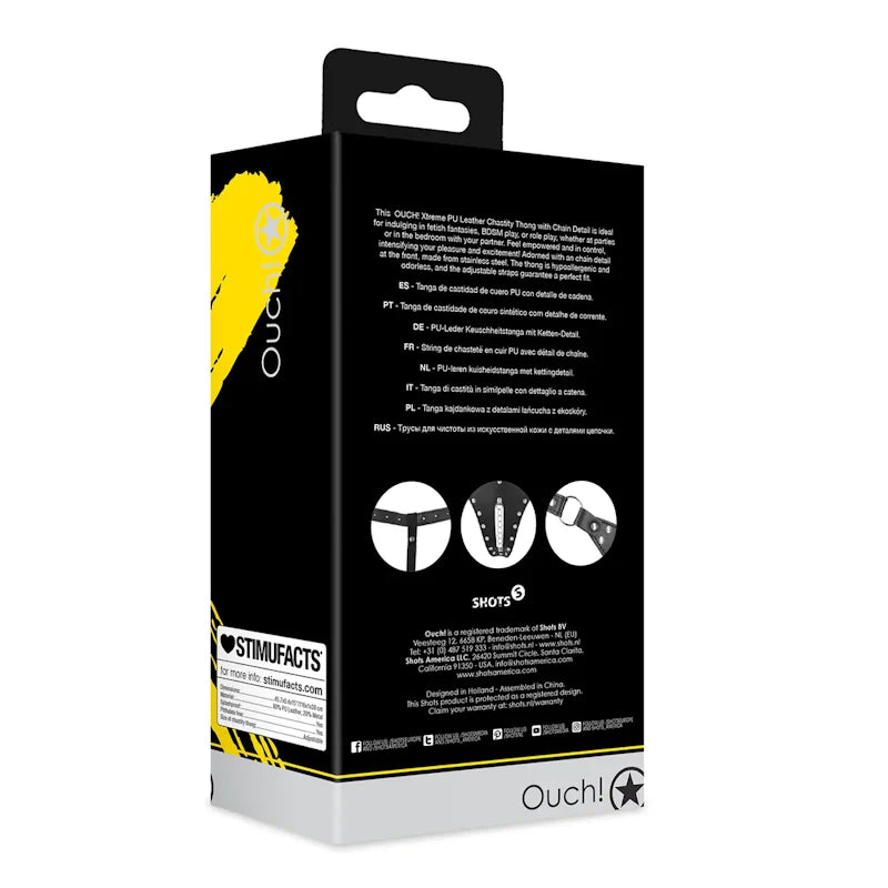 Ouch - PU Leather Chastity Thong with Chain Detail - Black - PlayBlue