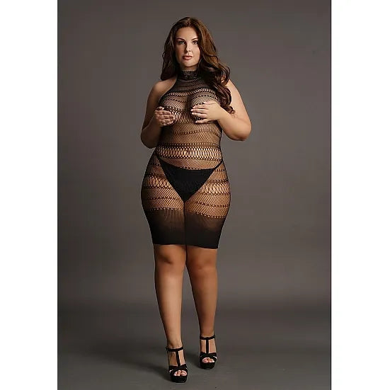Le Desir - High Lace Neck Net Mini Dress - Plus Size - PlayBlue