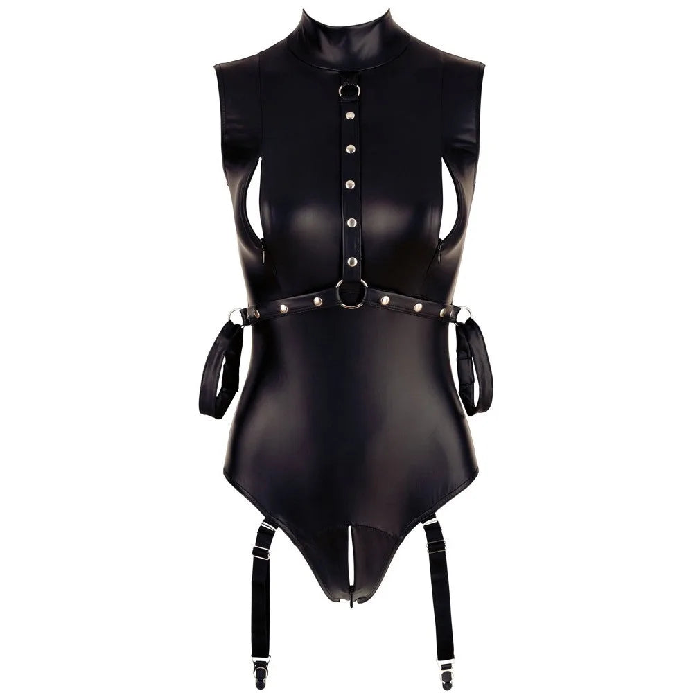 Cottelli Bondage - Body Suspenders Wet Look with Arm Restraints - XL (Size 20-22) - PlayBlue