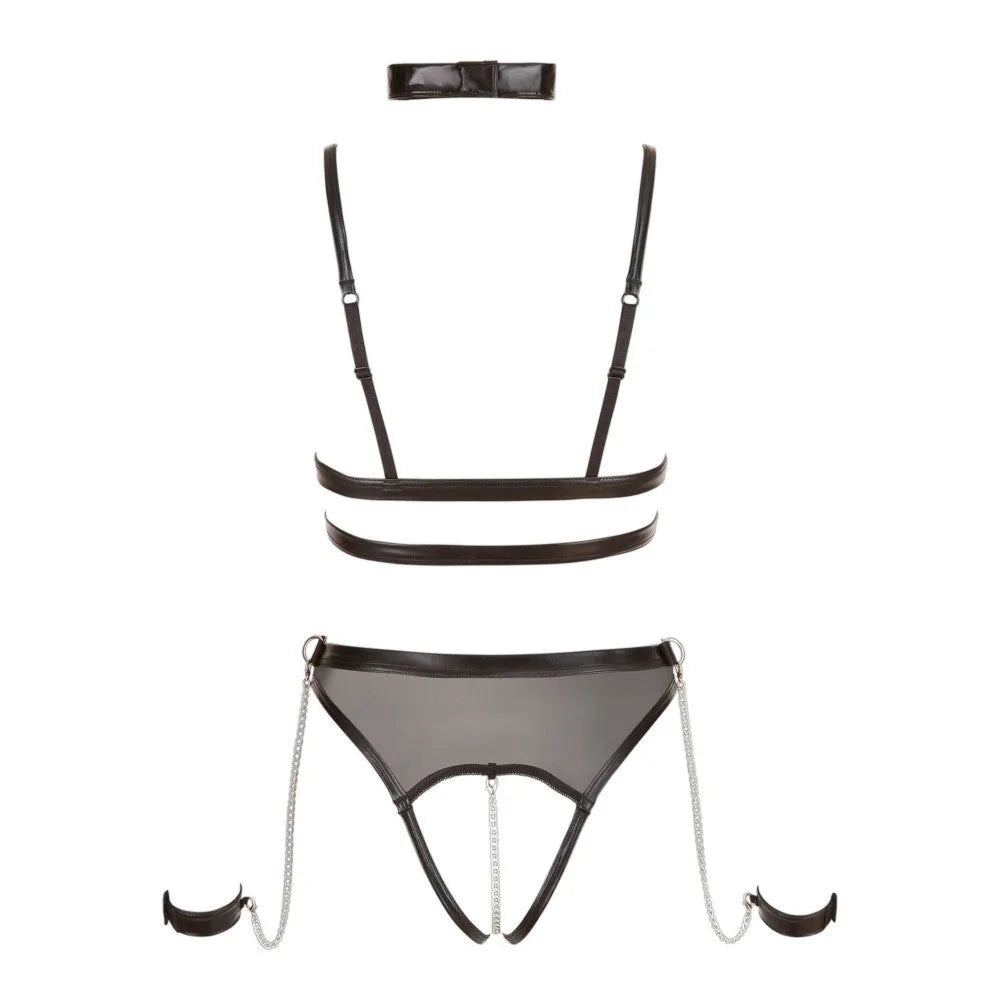 Cottelli Bondage - Wet Look Crotchless Mesh Body with Chains - XL (Size 20-22) - PlayBlue