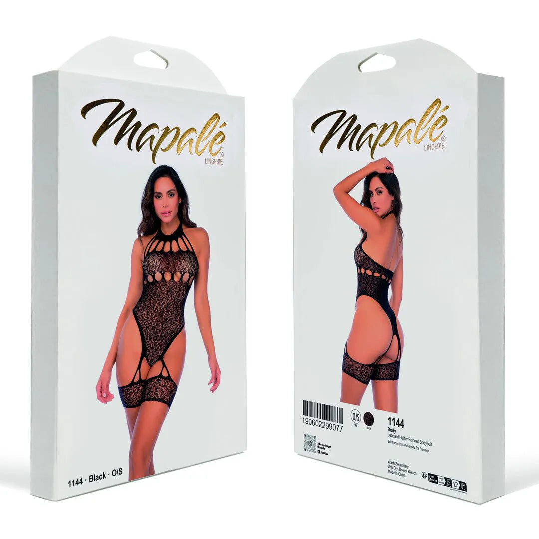 Mapale - Leopard Halter Fishnet Bodysuit
