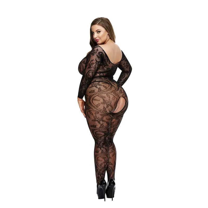 Baci - Long-Sleeved Curvy Lace Garter Catsuit