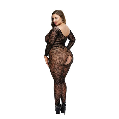 Baci - Long-Sleeved Curvy Lace Garter Catsuit - PlayBlue