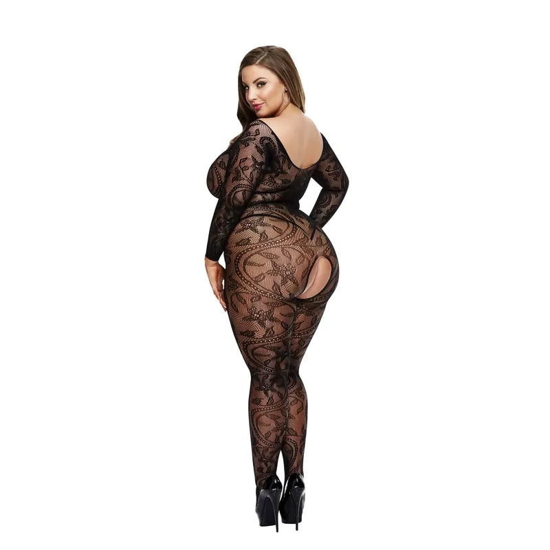 Baci - Long-Sleeved Curvy Lace Garter Catsuit - PlayBlue