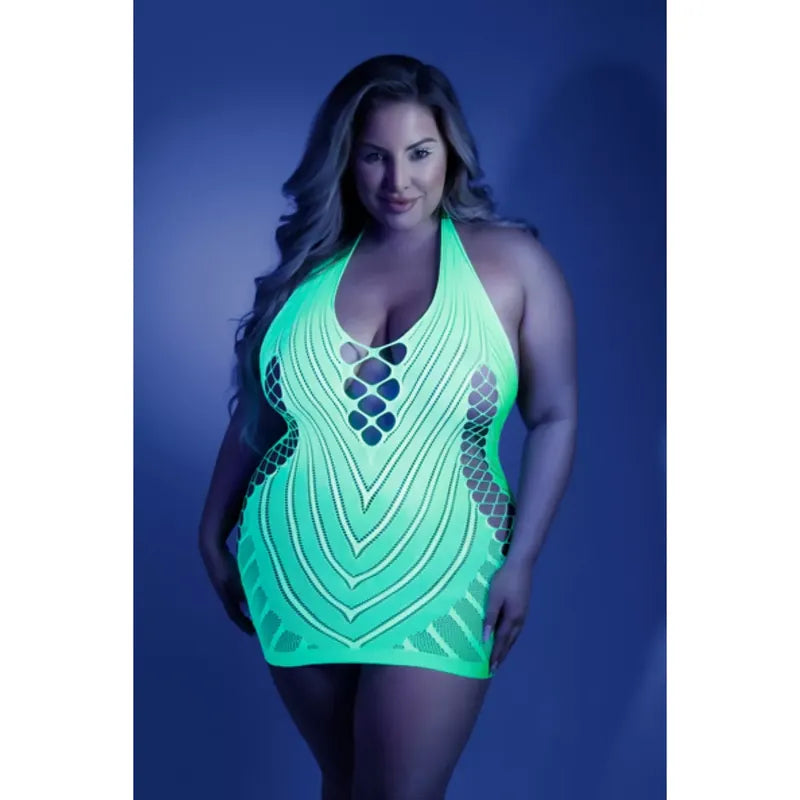 Shock Value Halter Dress with Net Fabric Neon Green - Curvy
