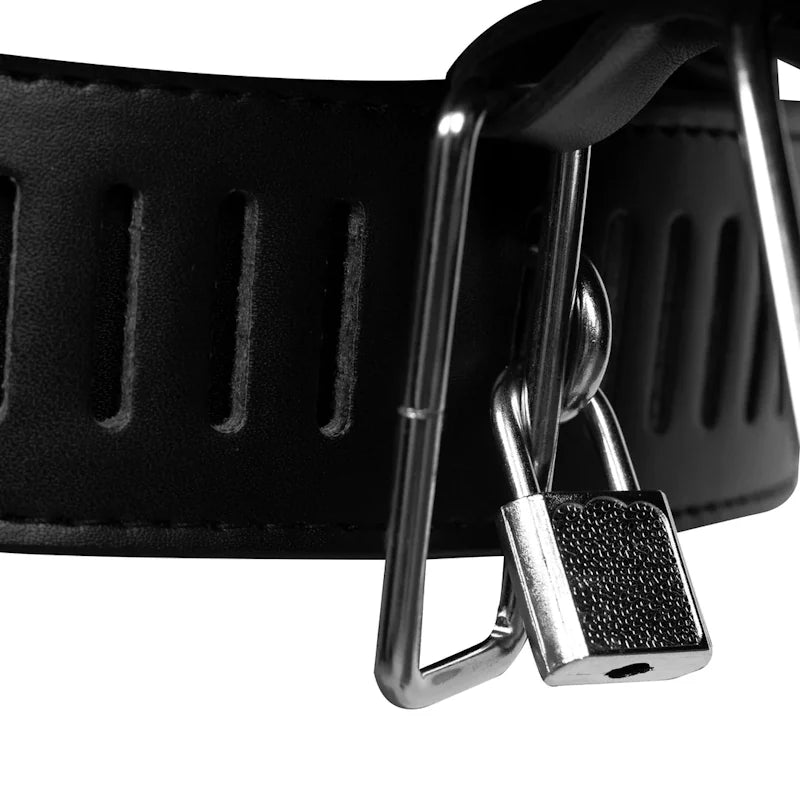 Ouch - PU Leather Female Chastity Belt with Leg Restraint - Black - PlayBlue