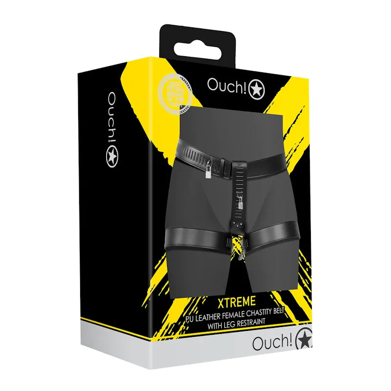 Ouch - PU Leather Female Chastity Belt with Leg Restraint - Black - PlayBlue