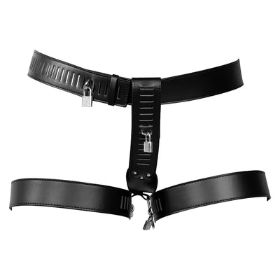 Ouch - PU Leather Female Chastity Belt with Leg Restraint - Black - PlayBlue