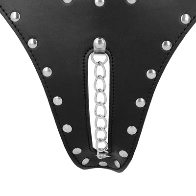 Ouch - PU Leather Chastity Thong with Chain Detail - Black - PlayBlue