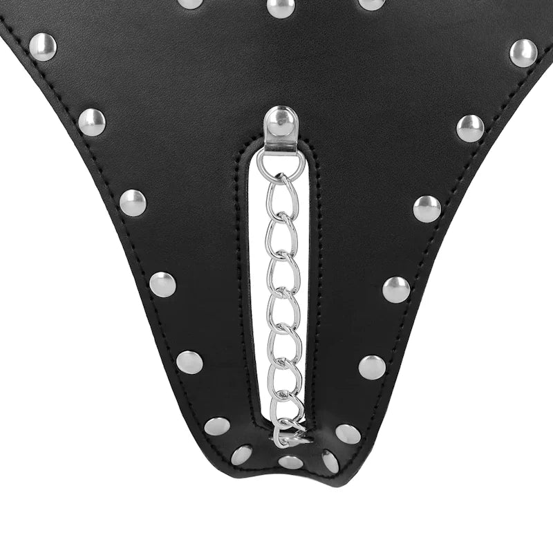Ouch - PU Leather Chastity Thong with Chain Detail - Black - PlayBlue