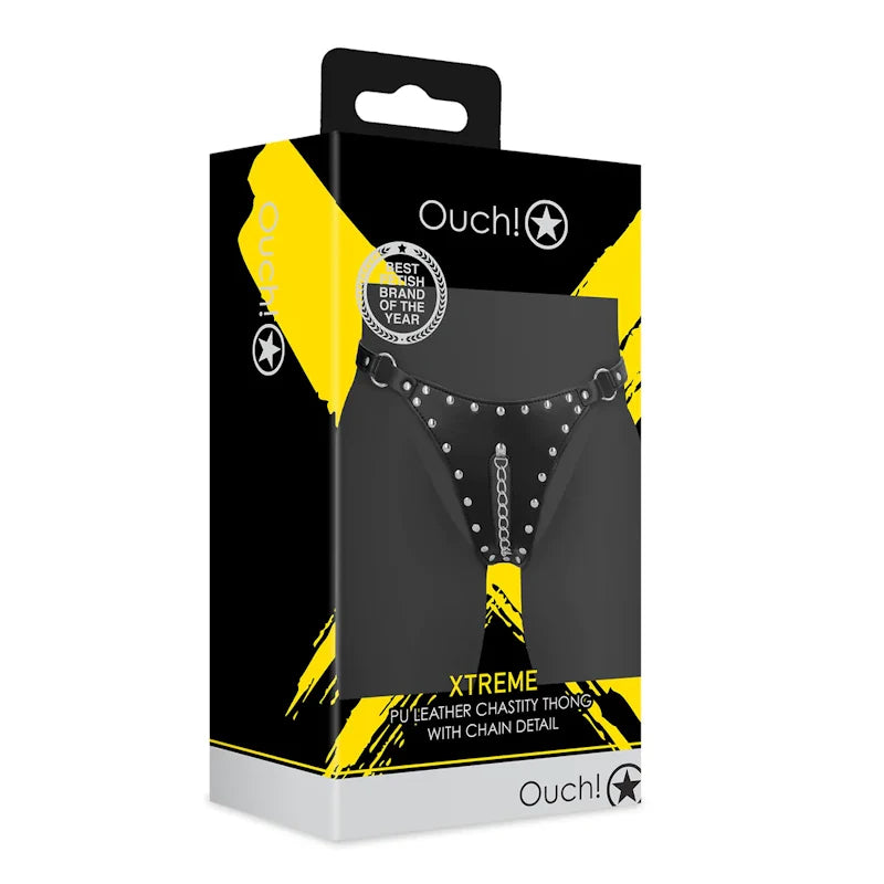 Ouch - PU Leather Chastity Thong with Chain Detail - Black - PlayBlue
