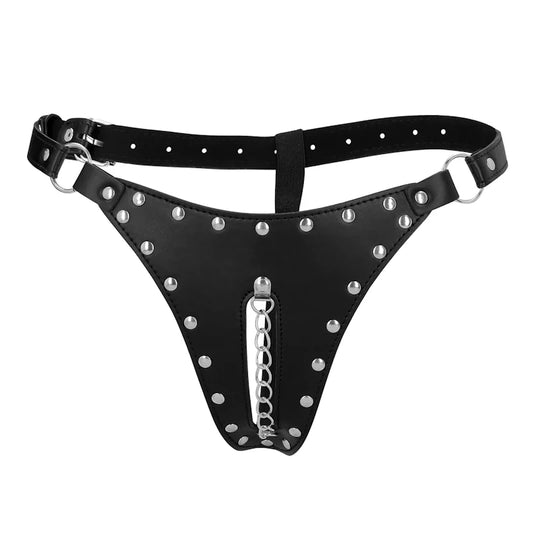 Ouch - PU Leather Chastity Thong with Chain Detail - Black - PlayBlue