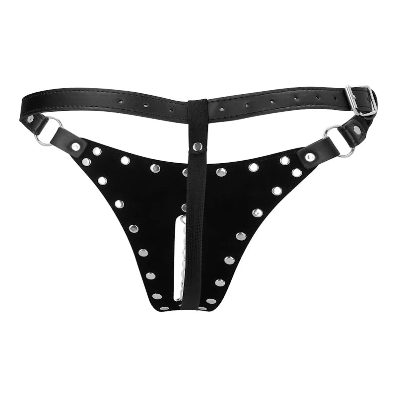 Ouch - PU Leather Chastity Thong with Chain Detail - Black - PlayBlue