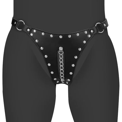 Ouch - PU Leather Chastity Thong with Chain Detail - Black - PlayBlue