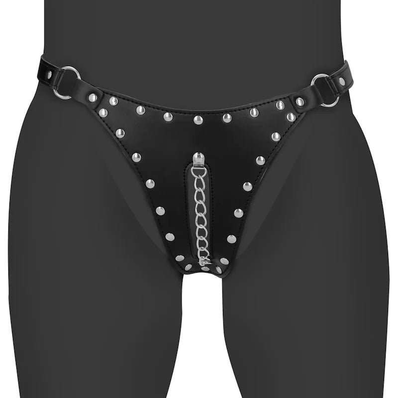 Ouch - PU Leather Chastity Thong with Chain Detail - Black - PlayBlue
