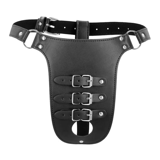 Ouch - PU Leather Chastity Belt with Straps - Black - PlayBlue