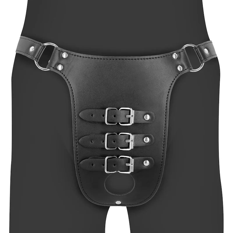 Ouch - PU Leather Chastity Belt with Straps - Black - PlayBlue