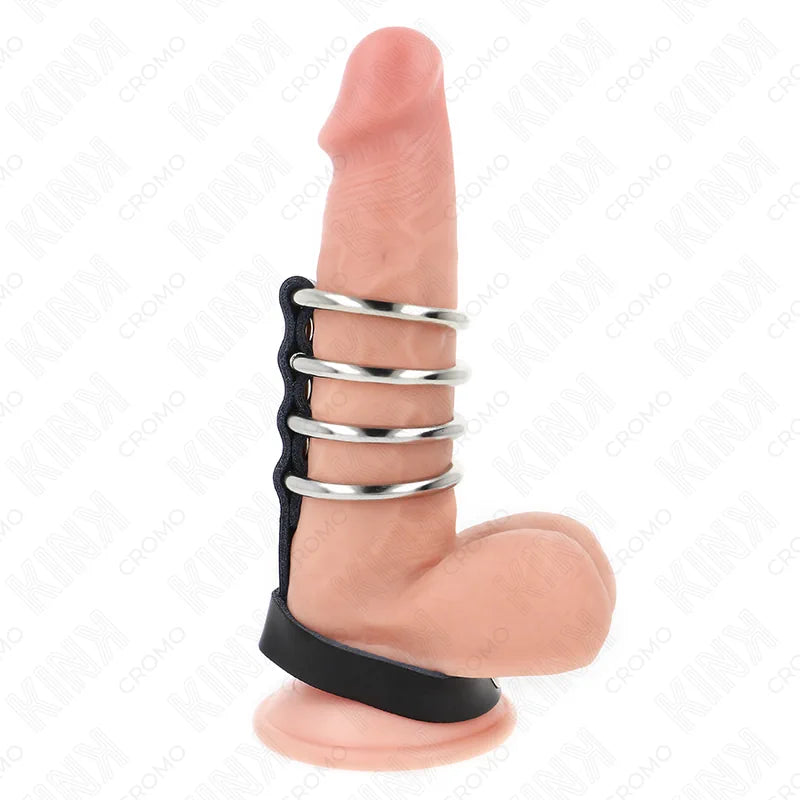 Kink - 4 Metal Penis Rings with Leather Strap - PlayBlue