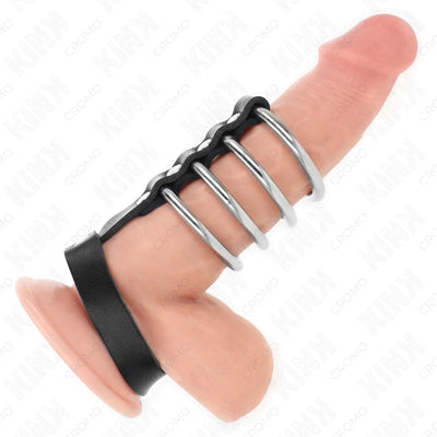 Kink - 4 Metal Penis Rings with Leather Strap - PlayBlue