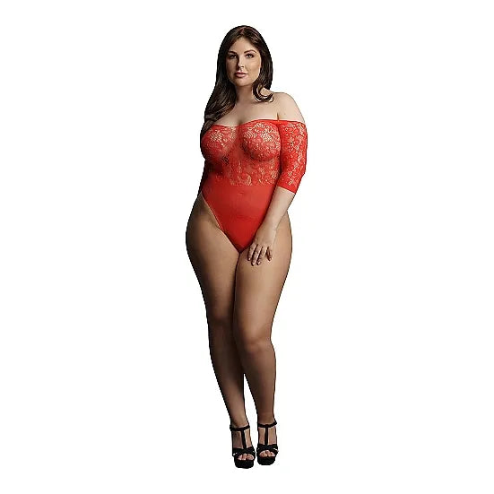 Le Desir - Presents Rhinestone Off Shoulder Bodysuit Red - Plus Size