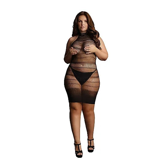 Le Desir - High Lace Neck Net Mini Dress - Plus Size - PlayBlue