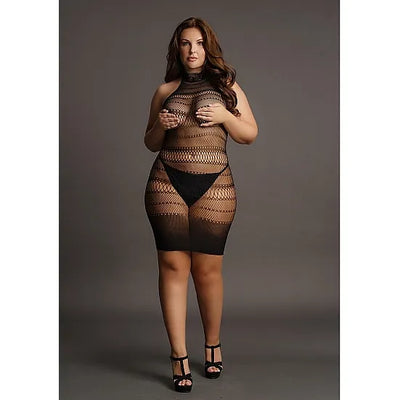 Le Desir - High Lace Neck Net Mini Dress - Plus Size - PlayBlue
