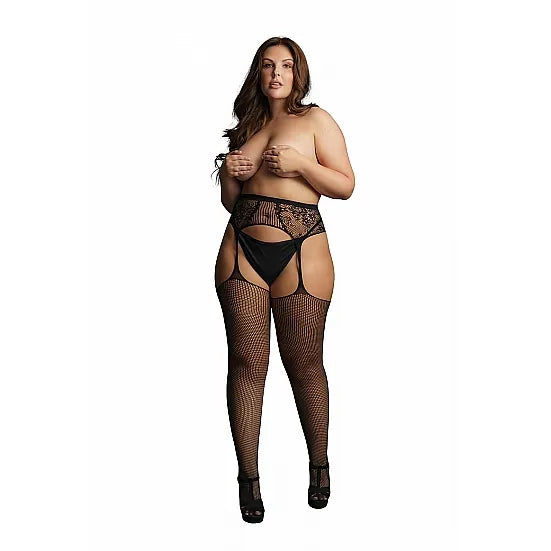 Le Desir - Fishnet and Lace Garterbelt Stockings - Plus Size - PlayBlue