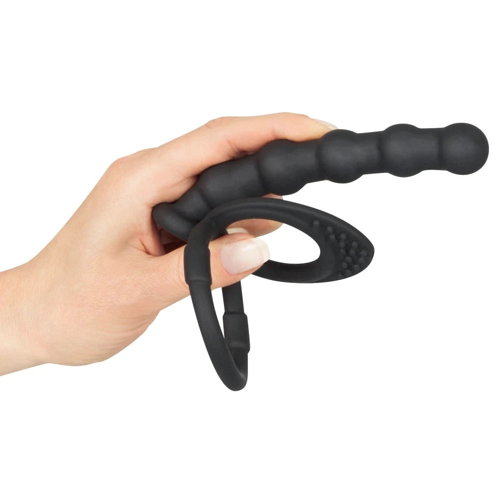 Black Velvets Cock & Ball Ring with Anal Beads - PlayBlue