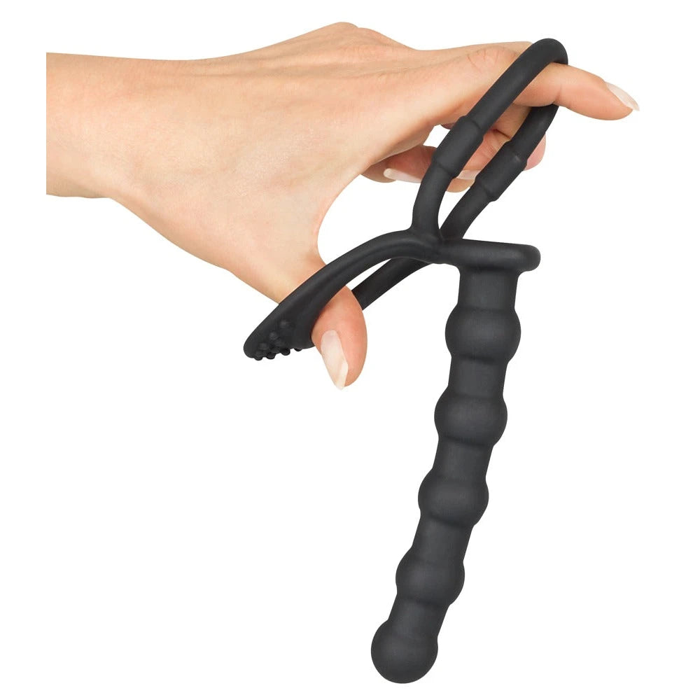 Black Velvets Cock & Ball Ring with Anal Beads - PlayBlue
