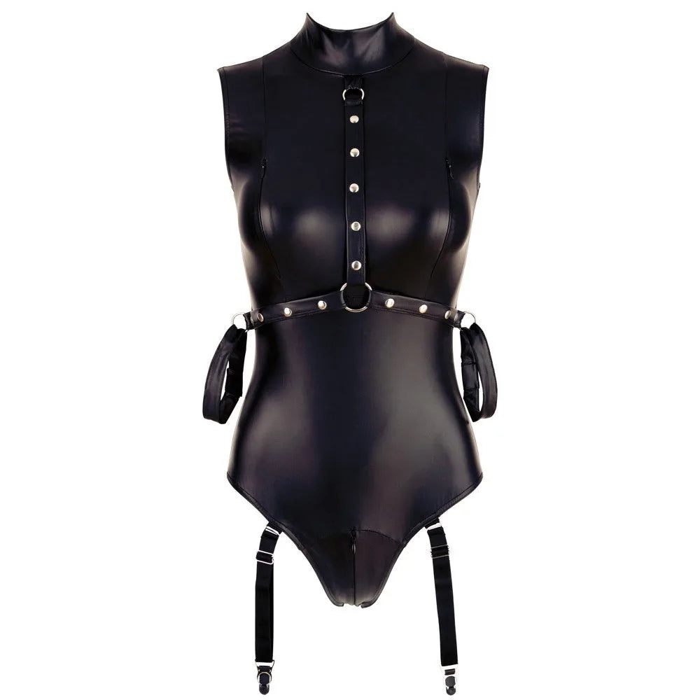 Cottelli Bondage - Body Suspenders Wet Look with Arm Restraints - XL (Size 20-22) - PlayBlue