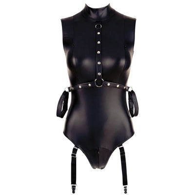Cottelli Bondage - Body Suspenders Wet Look with Arm Restraints - XL (Size 20-22) - PlayBlue