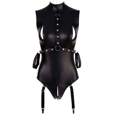Cottelli Bondage - Body Suspenders Wet Look with Arm Restraints - XL (Size 20-22) - PlayBlue