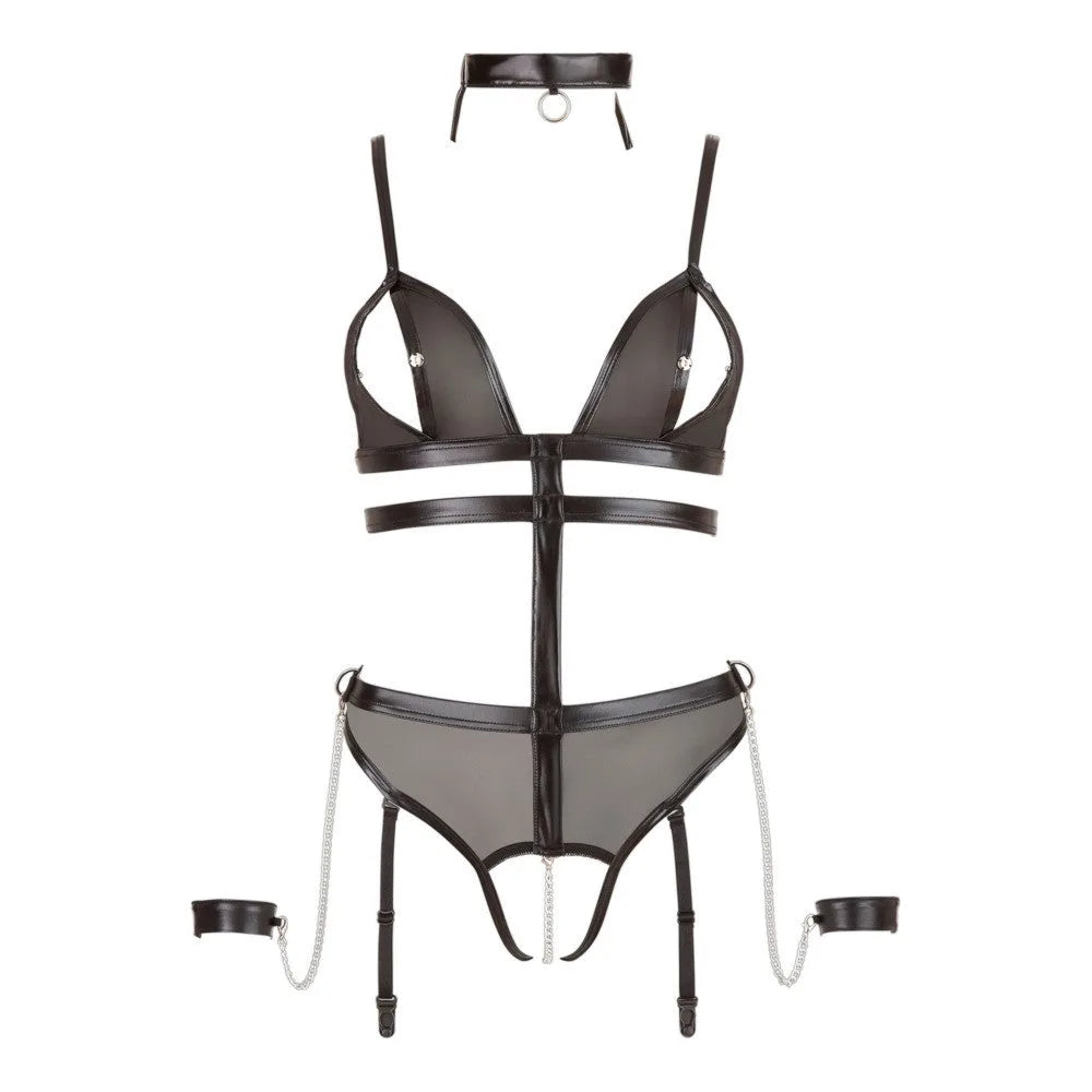 Cottelli Bondage - Wet Look Crotchless Mesh Body with Chains - XL (Size 20-22) - PlayBlue