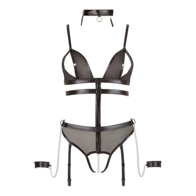 Cottelli Bondage - Wet Look Crotchless Mesh Body with Chains - XL (Size 20-22) - PlayBlue